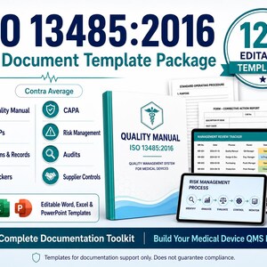 Op de afbeelding: ISO 13485:2016 volledig document sjabloonpakket met 128 bewerkbare sjablonen voor kwaliteitsmanagementsystemen voor medische hulpmiddelen. Bevat een kwaliteitshandboek, SOP's, CAPA, risicobeheer en tracker-documenten in Word, Excel en PowerPoint-indeling.