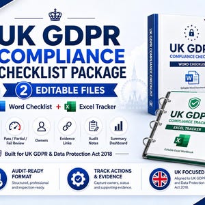 Könnte beinhalten: Ein UK GDPR Compliance-Checklisten-Paket mit zwei bearbeitbaren Dateien: einer Word-Checkliste und einem Excel-Tracker. Die Grafik enthält Symbole für Abhakfelder, Statusüberprüfungen, Verantwortliche, Nachweislinks, Notizen und ein Dashboard.