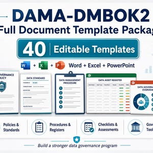 DAMA-DMBOK2 Data Governance Templates, Data Management Policy Bundle, Stewardship, Quality, Metadata, Excel Word Pack