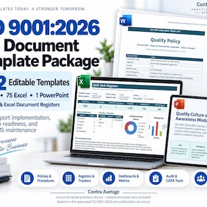 May include: An ISO 9001:2026 full document template package featuring 132 editable templates, including 56 Word, 75 Excel, and 1 PowerPoint file. The display shows a laptop and tablet with QMS risk register and quality policy documents, plus icons for policies, registers, dashboards, audit tools, and small business resources.