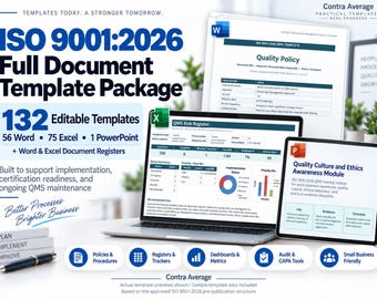 ISO 9001:2026 Full QMS Template Package | 132 Word, Excel & PowerPoint Documents