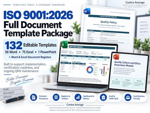 ISO 9001:2026 Full QMS Template Package | 132 Word, Excel & PowerPoint Documents
