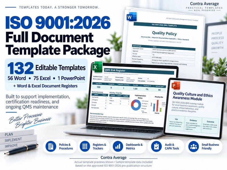 K&ouml;nnte beinhalten: Ein vollst&auml;ndiges ISO 9001:2026 Dokumentenvorlagenpaket mit 132 bearbeitbaren Vorlagen, darunter 56 Word-, 75 Excel- und 1 PowerPoint-Datei. Die Darstellung zeigt einen Laptop und ein Tablet mit QMS-Risikoregister und Qualit&auml;tspolitik-Dokumenten sowie Symbole f&uuml;r Richtlinien, Register, Dashboards, Audit-Tools und Ressourcen f&uuml;r kleine Unternehmen.