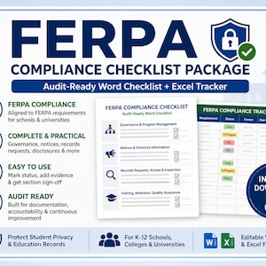 Może przedstawiać: Pakiet listy kontrolnej zgodności FERPA zawierający listę kontrolną Word i tracker Excel gotowe do audytu. Dokument zawiera tekst FERPA COMPLIANCE CHECKLIST PACKAGE, Audit-Ready Word Checklist + Excel Tracker oraz Instant Download.