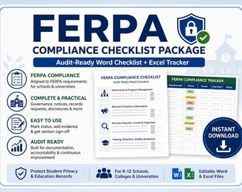 FERPA Compliance Checklist | Word + Excel Tracker | K-12 & Higher Ed | Student Records Privacy