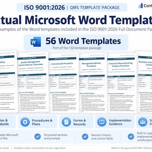 K&ouml;nnte beinhalten: Eine digitale Vorschau eines ISO 9001:2026 QMS-Vorlagenpakets mit 56 Microsoft Word-Vorlagen. Das Bild zeigt sechs Dokumentbeispiele, darunter Qualit&auml;tspolitik, Handbuch und Audit-Verfahren, mit blauen Symbolen und Textbeschriftungen.