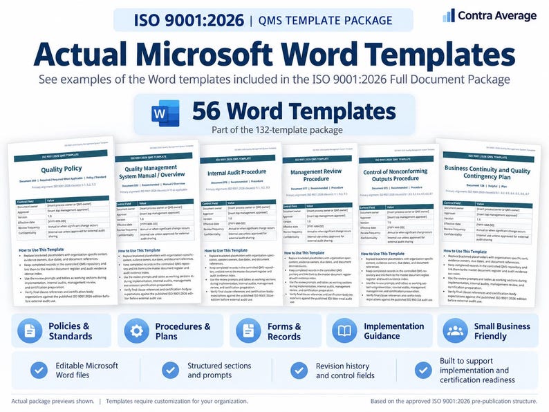 K&ouml;nnte beinhalten: Eine digitale Vorschau eines ISO 9001:2026 QMS-Vorlagenpakets mit 56 Microsoft Word-Vorlagen. Das Bild zeigt sechs Dokumentbeispiele, darunter Qualit&auml;tspolitik, Handbuch und Audit-Verfahren, mit blauen Symbolen und Textbeschriftungen.