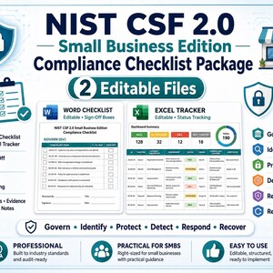 Może przedstawiać: Pakiet listy kontrolnej zgodności NIST CSF 2.0 Small Business Edition zawierający dwa edytowalne pliki: listę kontrolną Word i tracker Excel. Grafika zawiera ikony funkcji Govern, Identify, Protect, Detect, Respond i Recover.