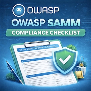 May include: A digital illustration featuring the OWASP logo and the text "OWASP SAMM COMPLIANCE CHECKLIST." A clipboard with a checklist, a pen, a shield with a checkmark, and a lock are also visible.