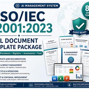 Pode incluir: Um pacote de modelos de documentos digitais para sistemas de gestão de IA ISO/IEC 42001:2023. O gráfico inclui o texto AI MANAGEMENT SYSTEM, 80+ EDITABLE TEMPLATES e AUDIT READY. Exibe vários ícones de documentos, uma tela de laptop e listas de políticas, procedimentos, registros e avaliações.
