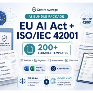 Può includere: Un pacchetto digitale intitolato Contra Average EU AI Act + ISO/IEC 42001 con oltre 200 modelli modificabili. L'immagine mostra documentazione di conformità, una cartellina con una lista di controllo e icone per politiche e registri.