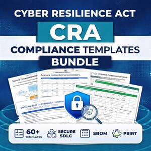 May include: A bundle of compliance templates for the Cyber Resilience Act, with the acronym "CRA" in large white letters on a teal background. The image includes several documents, a lock icon, and the text "60+ TEMPLATES", "SECURE SDLC", "SBOM", and "PSIRT".