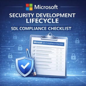 May include: A digital graphic promoting Microsoft's Security Development Lifecycle. The image features a clipboard with a checklist, a pencil, and a blue shield with a checkmark. The Microsoft logo is at the top, with the text "SECURITY DEVELOPMENT LIFECYCLE SDL COMPLIANCE CHECKLIST".
