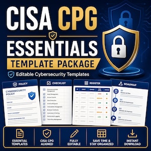 Könnte beinhalten: Digitalgrafik für Cybersicherheits-Essentials. Das Design zeigt ein marineblaues und goldenes Farbschema mit dem Text "CISA CPG ESSENTIALS TEMPLATE PACKAGE". Es enthält Symbole und Beispielvorlagen für Richtlinien, Checklisten, Register und Roadmaps.