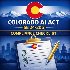 May include: A graphic with the text "COLORADO AI ACT (SB 24-205) COMPLIANCE CHECKLIST" featuring the Colorado state logo. A clipboard with a checklist and a pen are in the foreground, with a cityscape and mountains in the background.