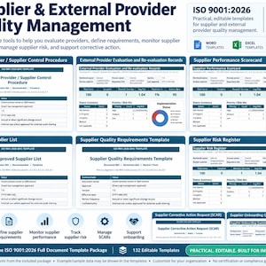 K&ouml;nnte beinhalten: Ein digitales Dokumentenvorlagenpaket f&uuml;r das Qualit&auml;tsmanagement von Lieferanten und externen Anbietern nach ISO 9001:2026. Enth&auml;lt Word- und Excel-Vorlagen f&uuml;r Kontrollverfahren, Leistungs-Scorecards, Risikoregister und Onboarding.