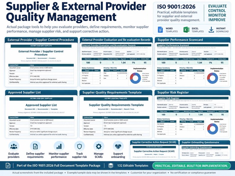 K&ouml;nnte beinhalten: Ein digitales Dokumentenvorlagenpaket f&uuml;r das Qualit&auml;tsmanagement von Lieferanten und externen Anbietern nach ISO 9001:2026. Enth&auml;lt Word- und Excel-Vorlagen f&uuml;r Kontrollverfahren, Leistungs-Scorecards, Risikoregister und Onboarding.