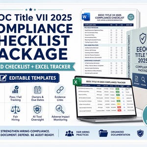 May include: An EEOC Title VII 2025 compliance checklist package featuring a Word document checklist, an Excel tracker on a laptop screen, and a physical binder with labelled tabs. The design includes icons for sign-off boxes, audit notes, and fair hiring.