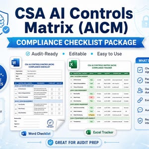 Könnte beinhalten: Ein digitales Compliance-Checklisten-Paket mit dem Titel CSA AI Controls Matrix (AICM), das zwei bearbeitbare Vorlagen enthält: eine Word-Checkliste und einen Excel-Tracker. Die Grafik enthält Symbole für prüfungsbereite und bearbeitbare Funktionen.