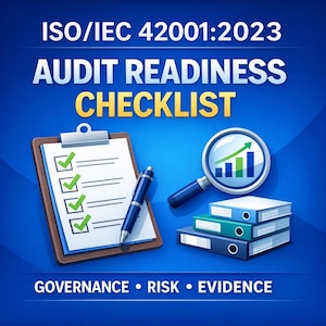 May include: An illustration with the text "ISO/IEC 42001:2023 AUDIT READINESS CHECKLIST". The image includes a clipboard with a checklist, a pen, a magnifying glass with a graph, and three ring binders. The words "GOVERNANCE • RISK • EVIDENCE" are at the bottom.