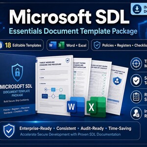May include: A Microsoft SDL Essentials Document Template Package featuring a blue binder and multiple white document pages. The set includes 18 editable Word and Excel templates for threat modeling, security testing, and incident response.