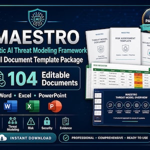 May include: The Maestro Agentic AI Threat Modeling Framework document template package includes 104 editable files for Word, Excel, and PowerPoint. It features a risk register, threat model documents, and a security controls mapping guide for AI systems.