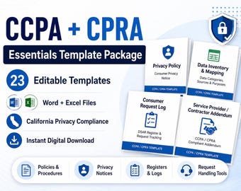 CCPA CPRA Essentials Template Package, California Privacy Compliance Documents, Editable Word Excel Business Templates