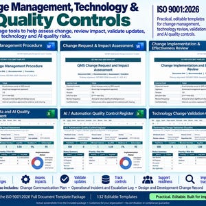 K&ouml;nnte beinhalten: Ein digitales Dokumentenset mit dem Titel Change Management, Technology & AI Quality Controls, das sechs Vorlagen f&uuml;r die ISO 9001:2026-Konformit&auml;t enth&auml;lt. Es umfasst QMS-Verfahren, Folgenabsch&auml;tzungen und Qualit&auml;tskontrollregister.
