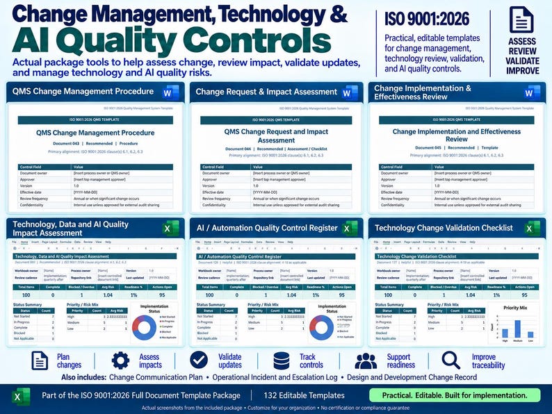 K&ouml;nnte beinhalten: Ein digitales Dokumentenset mit dem Titel Change Management, Technology & AI Quality Controls, das sechs Vorlagen f&uuml;r die ISO 9001:2026-Konformit&auml;t enth&auml;lt. Es umfasst QMS-Verfahren, Folgenabsch&auml;tzungen und Qualit&auml;tskontrollregister.