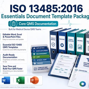 Puede incluir: Paquete de plantillas de documentos esenciales ISO 13485:2016 para equipos de QMS de dispositivos médicos. Incluye archivos editables de Word, Excel y PowerPoint, cinco carpetas de colores etiquetadas Quality Manual, Procedures, Forms, Records, Registers y una caja.