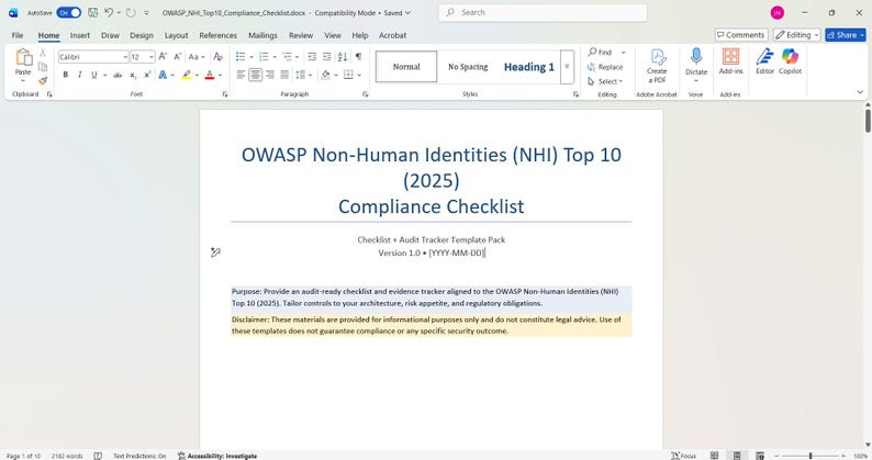Owasp Checklist Example OWASP NHI Top 10 (2025) Checklist | Security Compliance Tracker ...