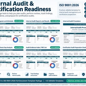 K&ouml;nnte beinhalten: Ein digitales Dokumentenset mit dem Titel Internal Audit & Certification Readiness mit sechs Vorlagen f&uuml;r ISO 9001:2026. Das Layout enth&auml;lt Tabellen f&uuml;r Auditprogramme, Berichte, Verfahren, L&uuml;ckenanalysen, Nachweisverzeichnisse und Checklisten.