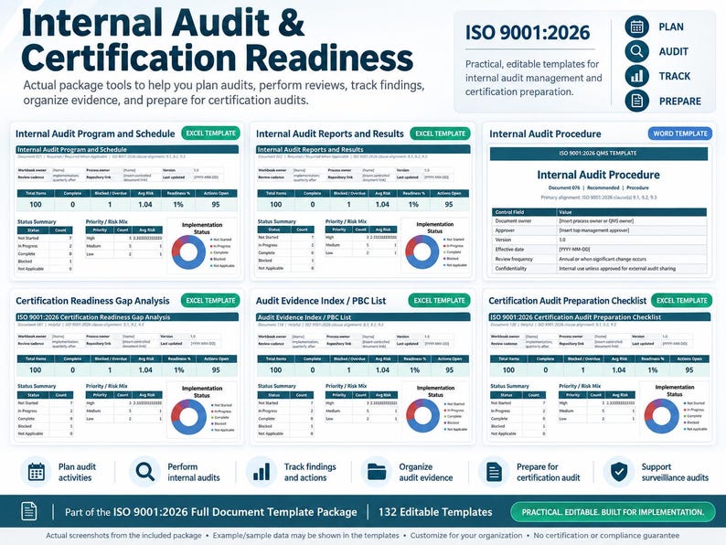 K&ouml;nnte beinhalten: Ein digitales Dokumentenset mit dem Titel Internal Audit & Certification Readiness mit sechs Vorlagen f&uuml;r ISO 9001:2026. Das Layout enth&auml;lt Tabellen f&uuml;r Auditprogramme, Berichte, Verfahren, L&uuml;ckenanalysen, Nachweisverzeichnisse und Checklisten.