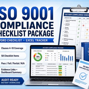 Può includere: Un pacchetto di checklist di conformità ISO 9001 con un portatile che mostra una dashboard di monitoraggio, una cartellina con una checklist e un raccoglitore blu. Il testo recita ISO 9001 COMPLIANCE CHECKLIST PACKAGE, WORD CHECKLIST + EXCEL TRACKER.