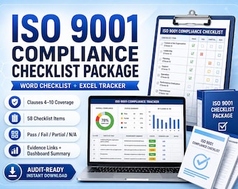 Könnte beinhalten: Ein ISO 9001 Compliance-Checklisten-Paket mit einem Laptop, der ein Compliance-Tracker-Dashboard anzeigt, einem Klemmbrett mit einer Checkliste und einem blauen Ordner. Der Text lautet ISO 9001 COMPLIANCE CHECKLIST PACKAGE, WORD CHECKLIST + EXCEL TRACKER.