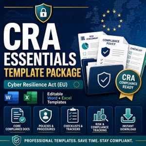 May include: A digital graphic promoting a "CRA Essentials Template Package" for the Cyber Resilience Act (EU). The design features a dark blue background with white text, icons, and document illustrations. Includes editable Word and Excel templates.