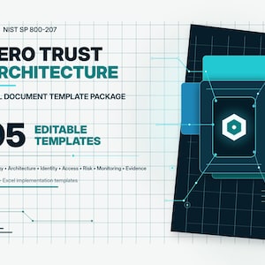 May include: A digital document template package titled Zero Trust Architecture NIST SP 800-207. The graphic features 95 editable templates, a grid background, and a dark blue rectangular element with a glowing white hexagon icon.