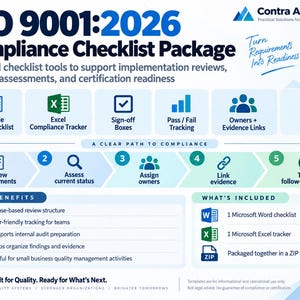 May include: An ISO 9001:2026 Compliance Checklist Package infographic by Contra Average. It outlines a five-step path to compliance, including review, assessment, owner assignment, evidence linking, and tracking. Features Word and Excel tools.