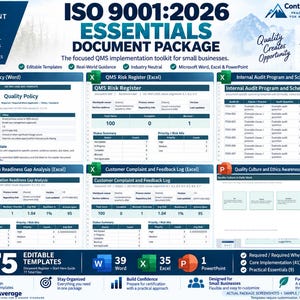 May include: The ISO 9001:2026 Essentials Document Package by Contra Average includes 75 editable templates in Word, Excel, and PowerPoint formats. It features a Quality Policy, QMS Risk Register, Internal Audit Program, Gap Analysis, and Feedback Log.