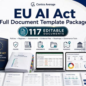 Op de afbeelding: Een uitgebreid EU AI Act document sjabloonpakket met een donkerblauwe ordner, een stapel geïndexeerde papieren, een laptop met een AI-systeemregister en een tablet met een AI-governance dashboard met 117 bewerkbare documenten.