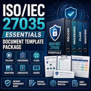 May include: An image promoting the ISO/IEC 27035 Essentials Document Template Package. It shows binders labelled Policies, Procedures, Plans, and Registers, plus checklists, guides, and incident management resources.