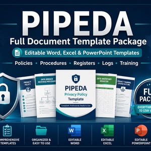Peut inclure: Un pack complet de modèles de documents PIPEDA comprenant des fichiers Word, Excel et PowerPoint modifiables. Le graphique affiche des couvertures de documents pour les politiques de confidentialité, procédures et registres.