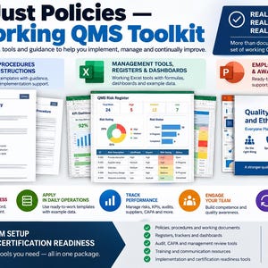 K&ouml;nnte beinhalten: Ein digitales QMS-Toolkit mit Vorlagen f&uuml;r Richtlinien, Verfahren und Arbeitsanweisungen in Word, Management-Tools und Dashboards in Excel sowie Mitarbeiterschulungsmodulen in PowerPoint. Die Grafik zeigt Dokumentenvorschauen, Diagramme und Text.