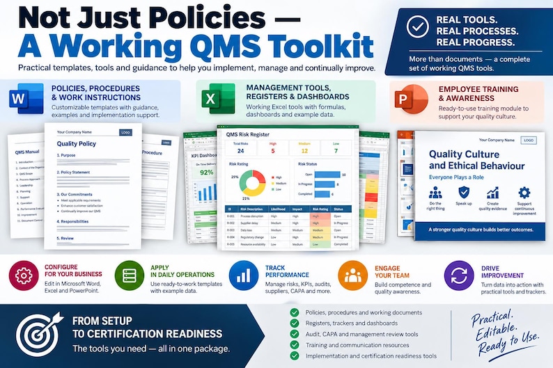 K&ouml;nnte beinhalten: Ein digitales QMS-Toolkit mit Vorlagen f&uuml;r Richtlinien, Verfahren und Arbeitsanweisungen in Word, Management-Tools und Dashboards in Excel sowie Mitarbeiterschulungsmodulen in PowerPoint. Die Grafik zeigt Dokumentenvorschauen, Diagramme und Text.