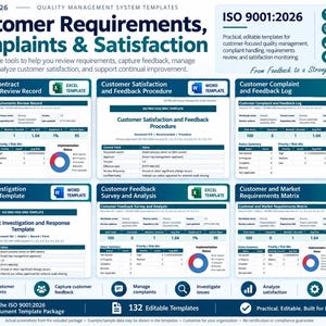 K&ouml;nnte beinhalten: Eine Sammlung von ISO 9001:2026 Qualit&auml;tsmanagement-Systemvorlagen f&uuml;r Kundenanforderungen, Beschwerden und Zufriedenheit. Das Paket enth&auml;lt Excel- und Word-Dateien mit Datentabellen, Status&uuml;bersichten und Diagrammen zur Nachverfolgung von Feedback, Anforderungen und Beschwerdeuntersuchungen.