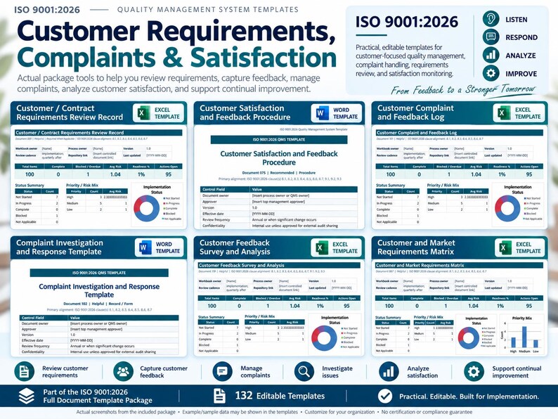 K&ouml;nnte beinhalten: Eine Sammlung von ISO 9001:2026 Qualit&auml;tsmanagement-Systemvorlagen f&uuml;r Kundenanforderungen, Beschwerden und Zufriedenheit. Das Paket enth&auml;lt Excel- und Word-Dateien mit Datentabellen, Status&uuml;bersichten und Diagrammen zur Nachverfolgung von Feedback, Anforderungen und Beschwerdeuntersuchungen.