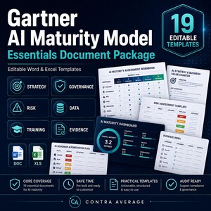 Puede incluir: Un paquete de documentos digitales titulado Gartner AI Maturity Model que incluye 19 plantillas editables de Word y Excel. La imagen muestra un libro de trabajo de evaluación de madurez de IA, una carta de estrategia, evaluación de riesgos y un panel.