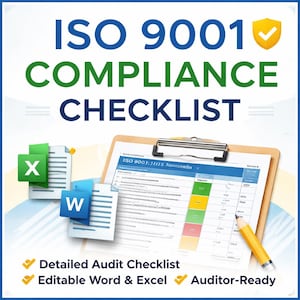 以下が含まれることがあります： ISO 9001コンプライアンスチェックリストの画像。チェックリストは鉛筆付きのクリップボードにあります。画像には、ExcelおよびWordドキュメントのアイコンも含まれています。テキストには「Detailed Audit Checklist」、「Editable Word & Excel」、および「Auditor-Ready」が含まれています。