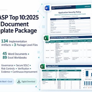 Op de afbeelding: Een digitaal documentsjabloonpakket getiteld OWASP Top 10:2025 Full Document Template Package. Het bevat 134 artefacten, 45 Word-documenten en 89 Excel-werkmappen voor governance, veilige SDLC, risicobeheersing en verificatieprocessen.