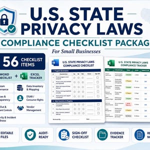 Może przedstawiać: Pakiet list kontrolnych zgodności z przepisami o ochronie prywatności w stanach USA dla małych firm, zawierający 56 punktów, listę w programie Word i tracker w Excelu. Dokument obejmuje zarządzanie programem, inwentaryzację danych i bezpieczeństwo.